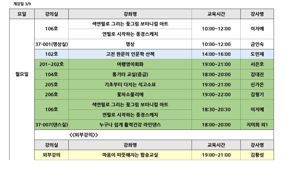 <2026 봄> 요일별 개강강좌목록 강의실 안내 (3월 3일부터 요일별 개강) 1번째 파일 - 자세한 내용은 본문 참조