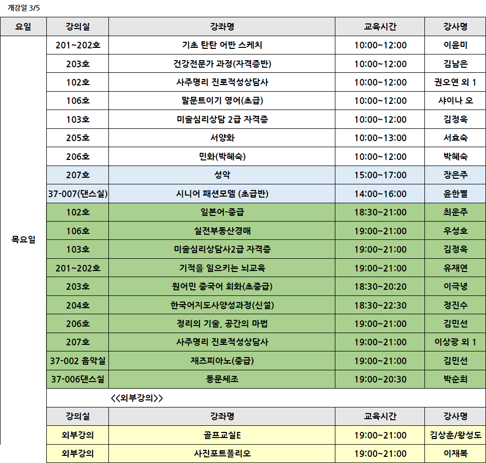 <2026 봄> 요일별 개강강좌목록 강의실 안내 (3월 3일부터 요일별 개강) 4번째 파일 - 자세한 내용은 본문 참조
