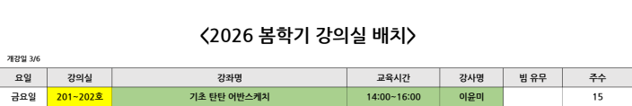 <2026 봄> 요일별 개강강좌목록 강의실 안내 (3월 3일부터 요일별 개강) 5번째 파일 - 자세한 내용은 본문 참조